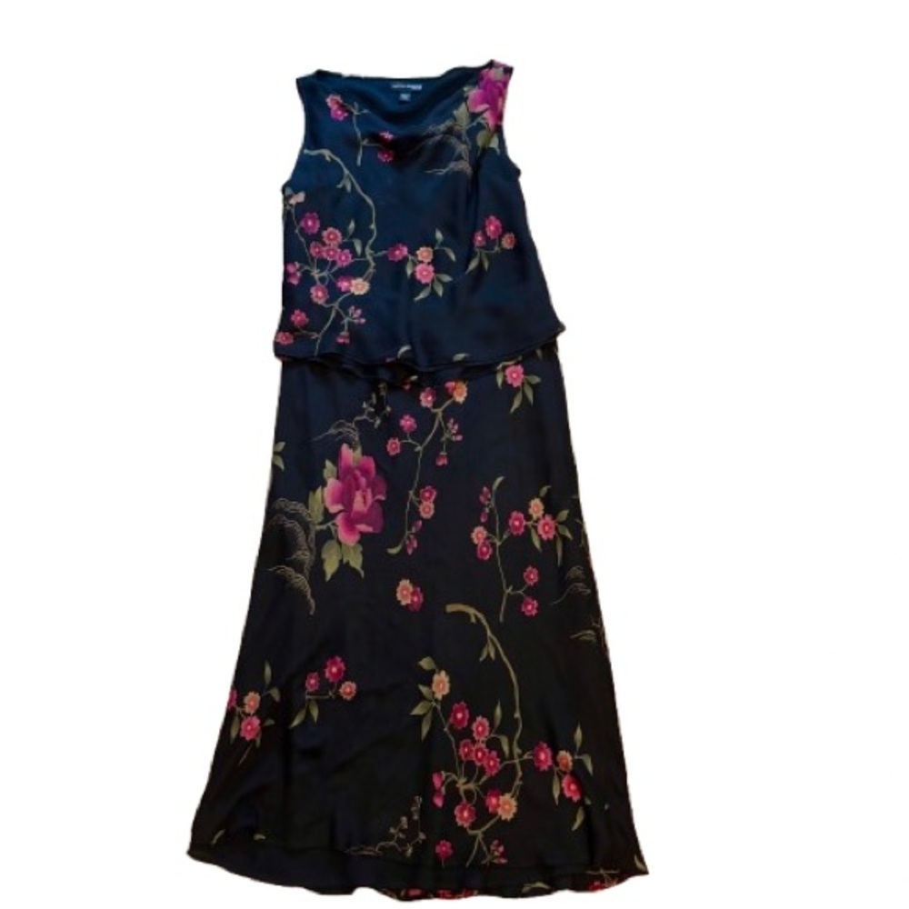 Floral Silk 2 Pièce Black and Pink Women's Dress